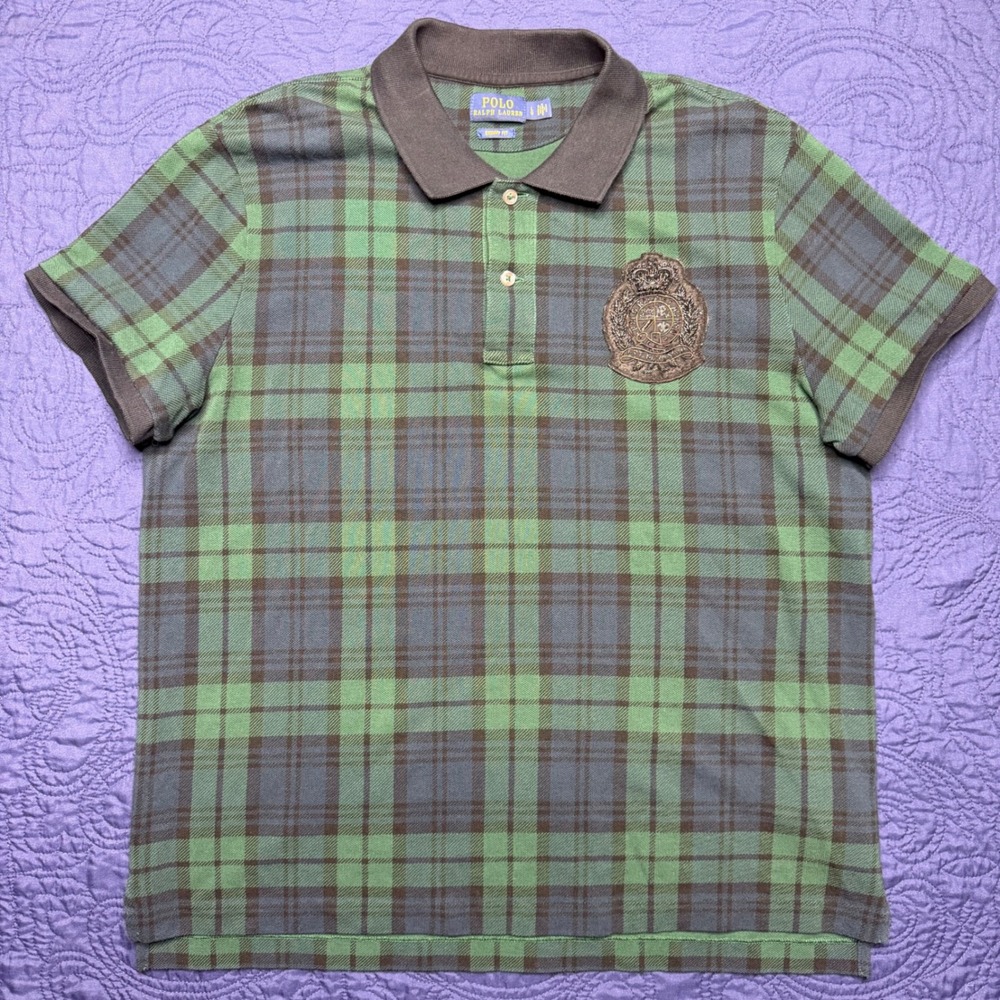Polo Ralph Lauren Skinny Fit Plaid Black Watch Polo Shirt Green Crest Womens L